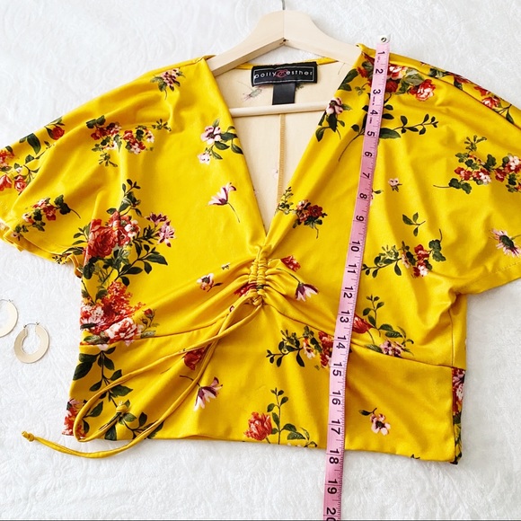 Gold Yellow Floral Drawstring Neckline Crop Top - Picture 3 of 8